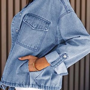 Dokotoo Jean Jackets for Women Cropped Jackets Fashion Spring Fall 2023 Casual Long Sleeve Utility Cargo Denim Jacket Button Down Trucker Shacket Jackets Coat with Pockets Sky Blue Medium