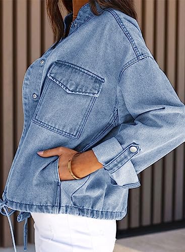 Dokotoo Jean Jackets for Women Cropped Jackets Fashion Spring Fall 2023 Casual Long Sleeve Utility Cargo Denim Jacket Button Down Trucker Shacket Jackets Coat with Pockets Sky Blue Medium