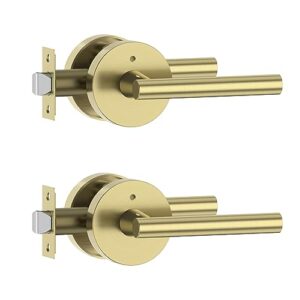 Amerdeco 2 Pack Gold Interior Privacy Door Handles, Heavy Duty Interior Bedroom Brushed Brass Door Lever, Door Handles Interior for Bathroom