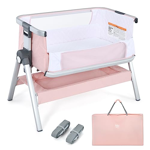 BABY JOY Bassinet, Portable Bedside Crib w/Mattress, Storage Basket, Built-in Pulleys, Adjustable Height & Travel Bag, Bassinet Bedside Sleeper for Newborn Infants (Pink)