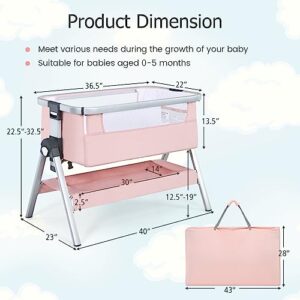 BABY JOY Bassinet, Portable Bedside Crib w/Mattress, Storage Basket, Built-in Pulleys, Adjustable Height & Travel Bag, Bassinet Bedside Sleeper for Newborn Infants (Pink)