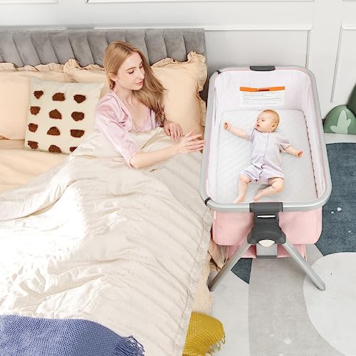 BABY JOY Bassinet, Portable Bedside Crib w/Mattress, Storage Basket, Built-in Pulleys, Adjustable Height & Travel Bag, Bassinet Bedside Sleeper for Newborn Infants (Pink)