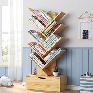 tree bookshelf 8-tier wooden bookshelves,tall wood book storage rack for books, strong bearing capacity space saving book tree wooden color