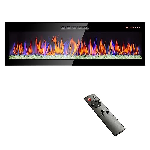 60 Inch Recessed Ultra Thin Tempered Glass Front Wall Mounted Electric Fireplace with Remote and Multi Color Flame & Emberbed, LED Light Heater