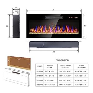 60 Inch Recessed Ultra Thin Tempered Glass Front Wall Mounted Electric Fireplace with Remote and Multi Color Flame & Emberbed, LED Light Heater