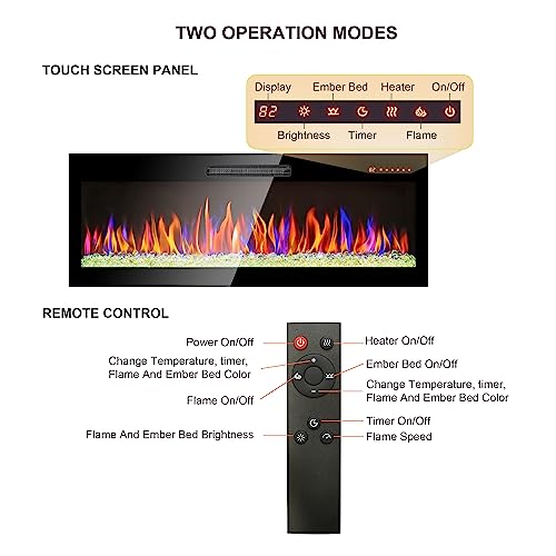 60 Inch Recessed Ultra Thin Tempered Glass Front Wall Mounted Electric Fireplace with Remote and Multi Color Flame & Emberbed, LED Light Heater