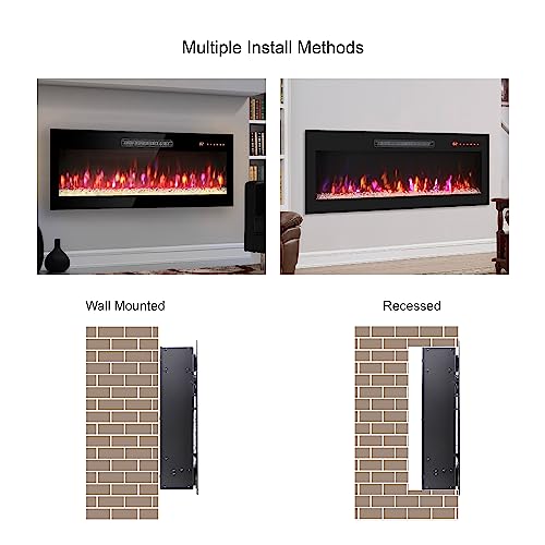 60 Inch Recessed Ultra Thin Tempered Glass Front Wall Mounted Electric Fireplace with Remote and Multi Color Flame & Emberbed, LED Light Heater