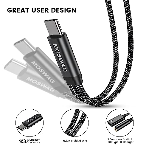 MOSWAG USB C to 3.5mm Headphone and Charger Adapter, 2-in-1 USB C to Aux Audio Jack Hi-Res DAC and Fast Charging Dongle Cable Compatible with Pixel 6 5,Galaxy S23 S22 S21 S20+Plus Note 20