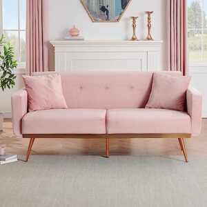 velvet futon sofas bed and couch,70 inches long, mid century modern couch tufted back sofa , 2 throw pillows, armrest, 5 metal tapered and wooden legs for living room, apartment, bedroom (pink)