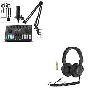 podcast equipment bundle, audio interface all-in-one dj mixer with studio podcast microphone portable battery-powered with headphone