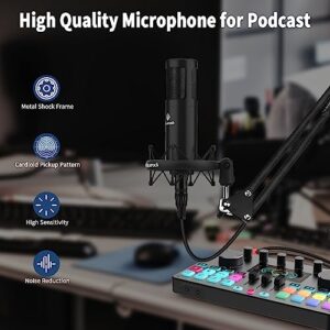 Podcast Equipment Bundle, Audio Interface All-In-One DJ Mixer with Studio Podcast Microphone Portable Battery-powered with Headphone