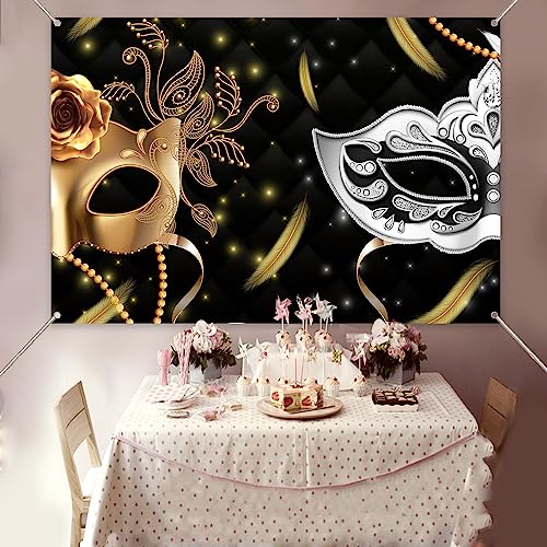 KUKUSOUL 6x4ft Mardi Gras Masquerade Party Backdrop Carnival Party Gold Sparkling Mask Background for Adults Women Birthday Party Decorations Birthday Party Decorations KUHBZT115