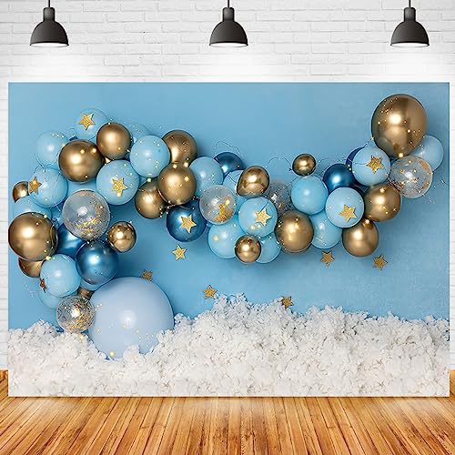 Blue and Gold Balloons Stars Boy Birthday Photography Background for Newborn Kids Portrait Decorations Boy 1st Bday Party Backdrop Happy 1st Birthday Party Cake Table Decorations Banner,7x5ft