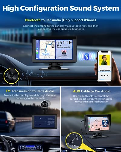 Portable Car Stereo Wireless Apple Carplay Android Auto with 7" HD IPS Touch Screen Car Radio Audio Receivers Bluetooth5.0, AirPlay, GPS Navigation for Car, Siri/Google Assistant, Calling, AUX/FM