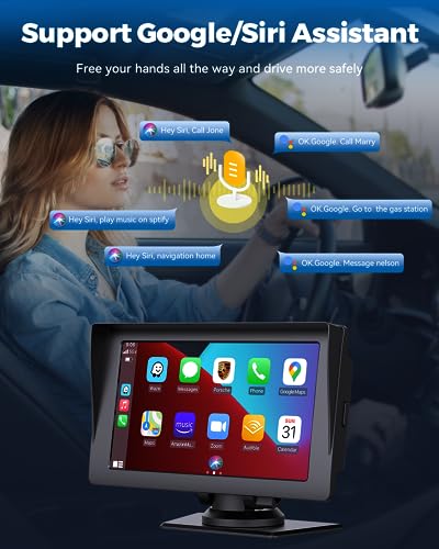 Portable Car Stereo Wireless Apple Carplay Android Auto with 7" HD IPS Touch Screen Car Radio Audio Receivers Bluetooth5.0, AirPlay, GPS Navigation for Car, Siri/Google Assistant, Calling, AUX/FM