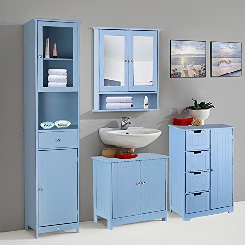 TehRecBT 24" Under Sink Storage Cabinet with 2 Doors and Shelves, Bathroom Vanity Cabinet Without Sink, Bathroom Vanity Base with Bottom Storage, White Bathroom Freestanding Cabinet (Blue)