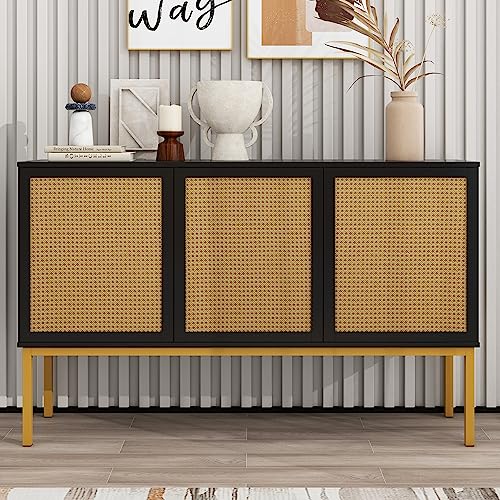 Bellemave Rattan Cabinet Sideboard Buffet Cabinet with Storage Kitchen Storage Cabinets with Rattan Doors Accent Cabinet Credenza for Living Room Dining Room Entryway, Black