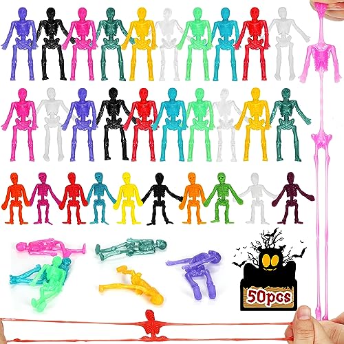 50Pcs Halloween Stretchy Skeleton Toys, Squishy Stretchy Toys Party Favors for Halloween Goody Bag Fillers, Assorted Color Halloween Stretchy Skeleton Toys for Kids, Boys & Girls (2 Styles, 10 Colors)