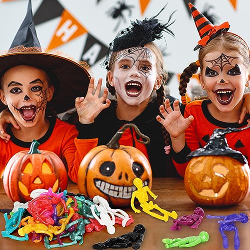 50Pcs Halloween Stretchy Skeleton Toys, Squishy Stretchy Toys Party Favors for Halloween Goody Bag Fillers, Assorted Color Halloween Stretchy Skeleton Toys for Kids, Boys & Girls (2 Styles, 10 Colors)