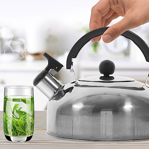 BESTonZON Stainless Steel Tea Kettle Whistling Stovetop Teapot Hot Water Boilers Metal Flat Bottom Kettle Warmer Heating Container for Home Kitchen Stovetops Gas Bbq Party 1.8L