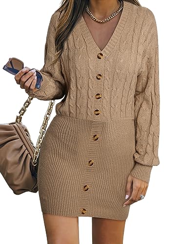 Dokotoo Sweater Dress V Neck Long Sleeve Knit Pullover Sweaters Trendy Buttons Bodycon Mini Dress Khaki Large