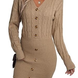 Dokotoo Sweater Dress V Neck Long Sleeve Knit Pullover Sweaters Trendy Buttons Bodycon Mini Dress Khaki Large