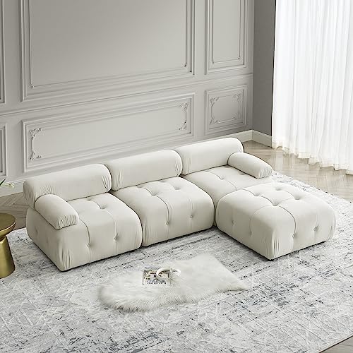 Tmsan Modular Sectional Sofa, 93" Velvet Sectional Couches for Living Room, Modern L-Shaped Sofa Deep Seat Cloud Couch DIY Combination Reversible Chaise for Bedroom Apartment Office (Beige Velvet)