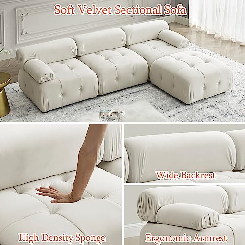 Tmsan Modular Sectional Sofa, 93" Velvet Sectional Couches for Living Room, Modern L-Shaped Sofa Deep Seat Cloud Couch DIY Combination Reversible Chaise for Bedroom Apartment Office (Beige Velvet)