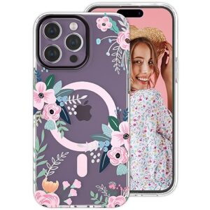 yelovehaw designed for iphone 14 pro max magnetic case for women girls, rose floral & green leaves pattern [compatible with magsafe] slim hard protective clear cover for iphone 14promax (pink flower)