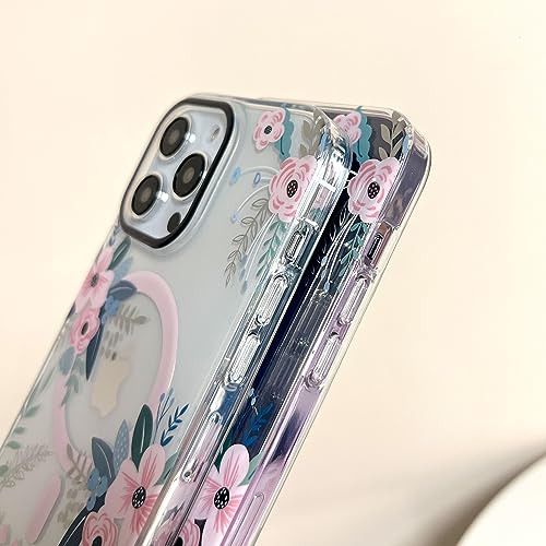 YeLoveHaw Designed for iPhone 14 Pro Max Magnetic Case for Women Girls, Rose Floral & Green Leaves Pattern [Compatible with MagSafe] Slim Hard Protective Clear Cover for iPhone 14ProMax (Pink Flower)