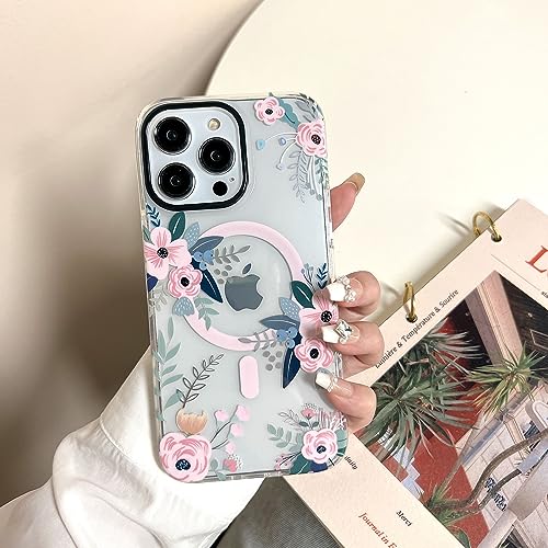 YeLoveHaw Designed for iPhone 14 Pro Max Magnetic Case for Women Girls, Rose Floral & Green Leaves Pattern [Compatible with MagSafe] Slim Hard Protective Clear Cover for iPhone 14ProMax (Pink Flower)