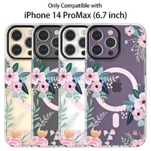 YeLoveHaw Designed for iPhone 14 Pro Max Magnetic Case for Women Girls, Rose Floral & Green Leaves Pattern [Compatible with MagSafe] Slim Hard Protective Clear Cover for iPhone 14ProMax (Pink Flower)