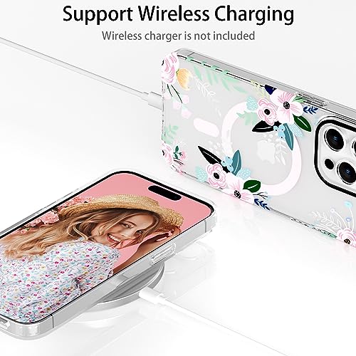 YeLoveHaw Designed for iPhone 14 Pro Max Magnetic Case for Women Girls, Rose Floral & Green Leaves Pattern [Compatible with MagSafe] Slim Hard Protective Clear Cover for iPhone 14ProMax (Pink Flower)