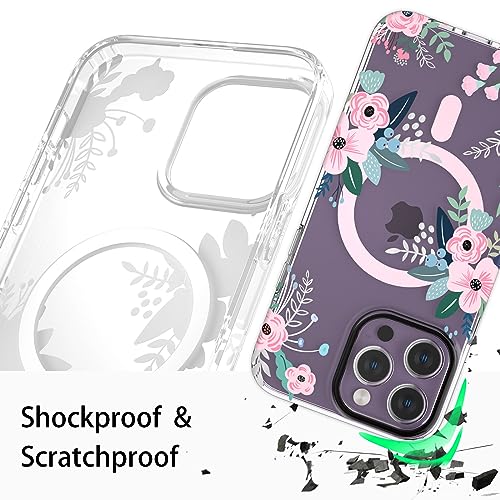 YeLoveHaw Designed for iPhone 14 Pro Max Magnetic Case for Women Girls, Rose Floral & Green Leaves Pattern [Compatible with MagSafe] Slim Hard Protective Clear Cover for iPhone 14ProMax (Pink Flower)