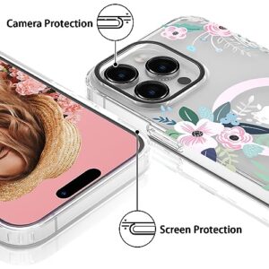 YeLoveHaw Designed for iPhone 14 Pro Max Magnetic Case for Women Girls, Rose Floral & Green Leaves Pattern [Compatible with MagSafe] Slim Hard Protective Clear Cover for iPhone 14ProMax (Pink Flower)