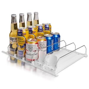 soda can organizer for refrigerator, 5 rows automatic drink dispenser for fridge, width adjustable soda can dispenser for refrigerator, beer pop can water bottle storage for pantry (white, 12.2"deep)