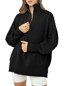 anrabess women's 2023 fall oversized sweater quarter zipper long sleeve collar drop shoulder half zip casual slouchy ribbed knit slit side sweatshirt pullover top 566heise-xs black