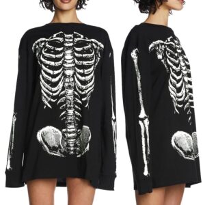 VILOVE Women Gothic Skeleton Sweatshirt Punk Oversized Skull Graphic Sweater Y2K Halloween Long Sleeve Hoodies Pullover Black