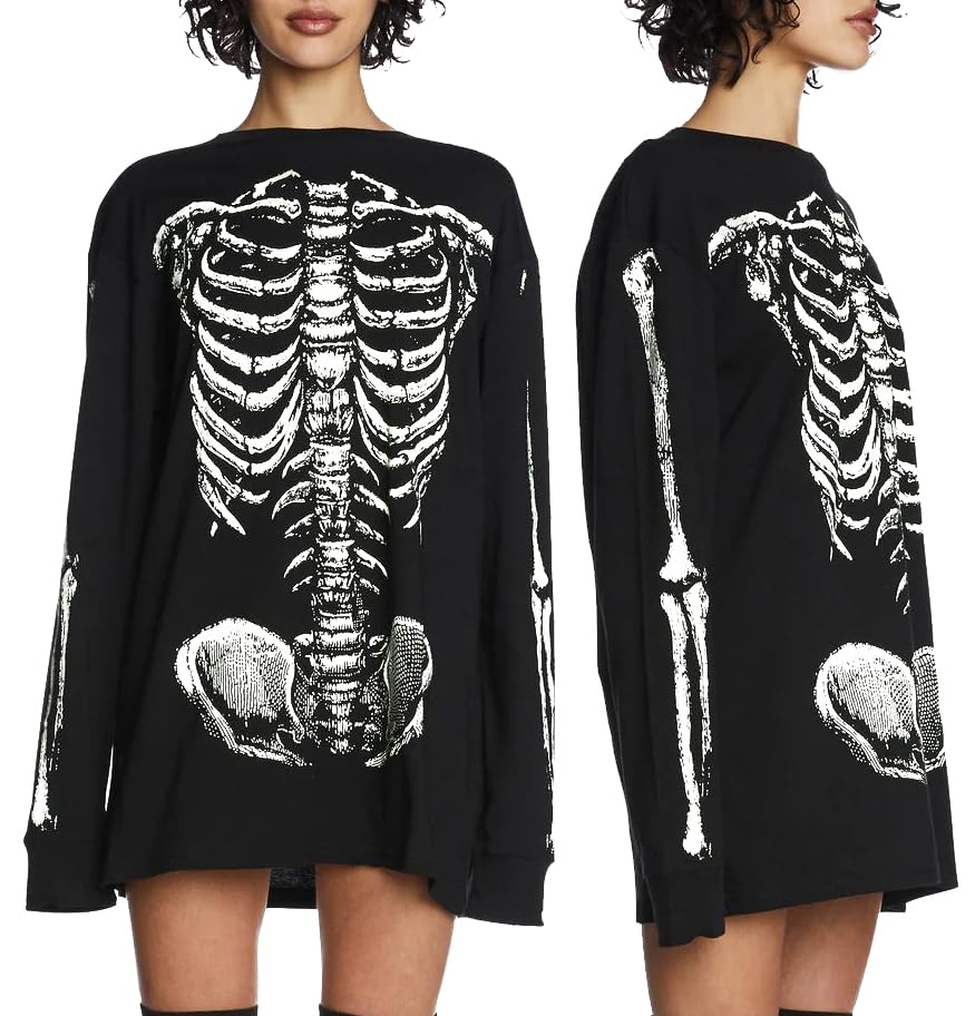 VILOVE Women Gothic Skeleton Sweatshirt Punk Oversized Skull Graphic Sweater Y2K Halloween Long Sleeve Hoodies Pullover Black