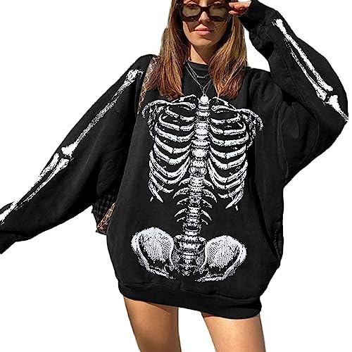 VILOVE Women Gothic Skeleton Sweatshirt Punk Oversized Skull Graphic Sweater Y2K Halloween Long Sleeve Hoodies Pullover Black