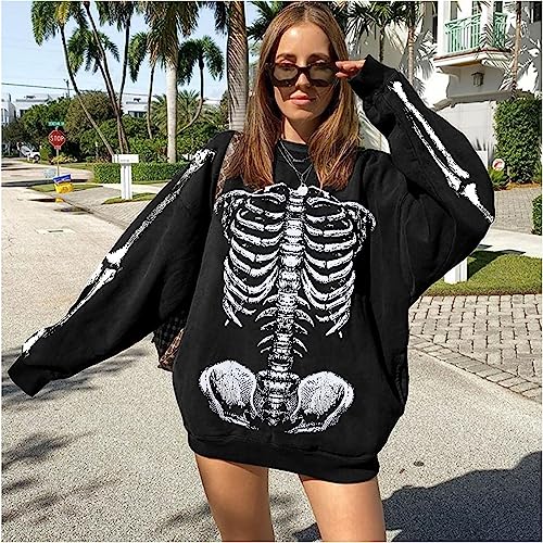 VILOVE Women Gothic Skeleton Sweatshirt Punk Oversized Skull Graphic Sweater Y2K Halloween Long Sleeve Hoodies Pullover Black