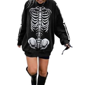 VILOVE Women Gothic Skeleton Sweatshirt Punk Oversized Skull Graphic Sweater Y2K Halloween Long Sleeve Hoodies Pullover Black