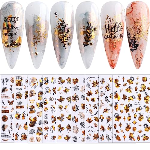 Gold Maple Leaf Nail Sticker Nail Supplies Nail Art Stickers Nail Decals Stickers para Uñas Nail Art Stickers for Nails Self-Adhesive SummerThanksgiving Nail Art Design Decor Access 9PCS