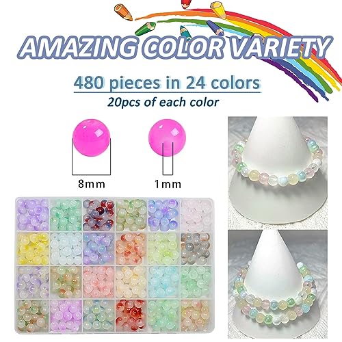 Huisipool 480pcs 8mm Round Glass Beads for Jewelry Making，24 Colors Crystal Gemstone Beads for Bracelets Jewelry Making and DIY Craft Necklace Bracelet Wedding Decor (24 bi-colors-8MM)