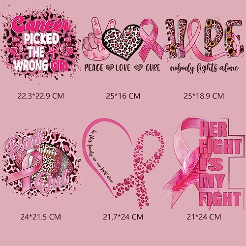 6 Sheets Breast Cancer Awareness Iron on Transfer Pink Ribbon Iron on Patches Stickers Heat Transfer Stickers Crown Letter Design Vinyl Appliques Sticker for T-Shirt Jean Pillow Cover DIY Decorations