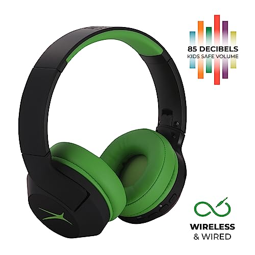 Altec Lansing Kid Safe Noise Cancelling Wireless Headphones 15H Battery, 85dB Volume Limit, Foldable Design Powerful Sound, Active Noise Cancellation Perfect for Kids Ages 7+ (Blackout Green)