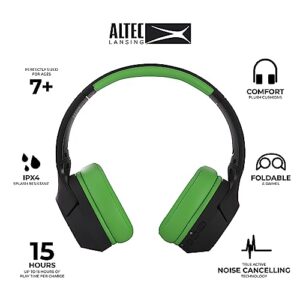 Altec Lansing Kid Safe Noise Cancelling Wireless Headphones 15H Battery, 85dB Volume Limit, Foldable Design Powerful Sound, Active Noise Cancellation Perfect for Kids Ages 7+ (Blackout Green)