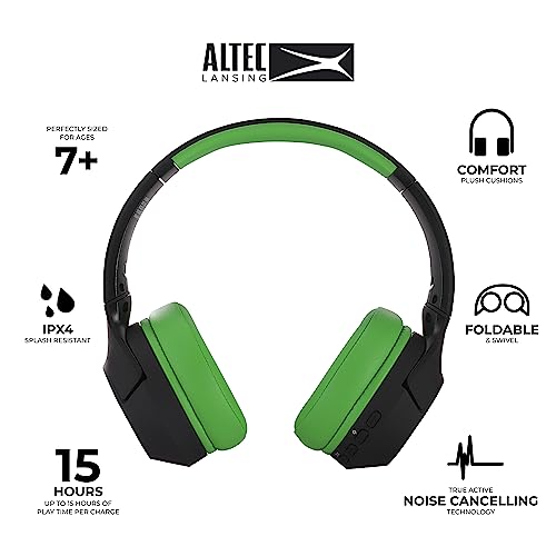 Altec Lansing Kid Safe Noise Cancelling Wireless Headphones 15H Battery, 85dB Volume Limit, Foldable Design Powerful Sound, Active Noise Cancellation Perfect for Kids Ages 7+ (Blackout Green)