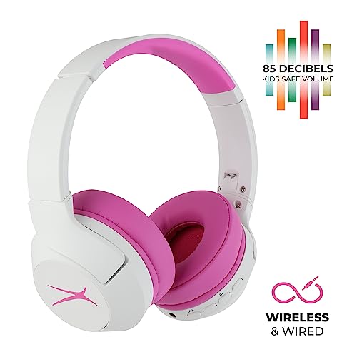 Altec Lansing Kid Safe Noise Cancelling Wireless Headphones 15H Battery, 85dB Volume Limit, Foldable Design Powerful Sound, Active Noise Cancellation Perfect for Kids Ages 7+ (Whiteout Pop Pink)