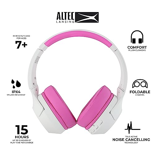 Altec Lansing Kid Safe Noise Cancelling Wireless Headphones 15H Battery, 85dB Volume Limit, Foldable Design Powerful Sound, Active Noise Cancellation Perfect for Kids Ages 7+ (Whiteout Pop Pink)